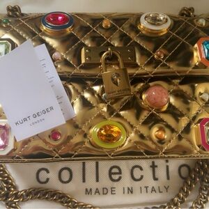 Kurt Geiger Gold Quilted Bag with Colorful Gemstones